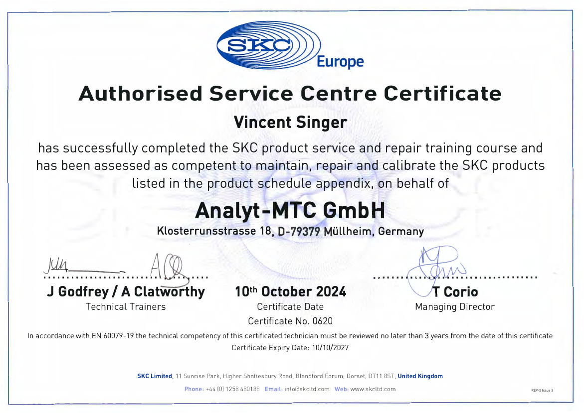SKC Authorised Service Centre Certificate No. 0620 for Vincent Singer, Analyt-MTC GmbH
