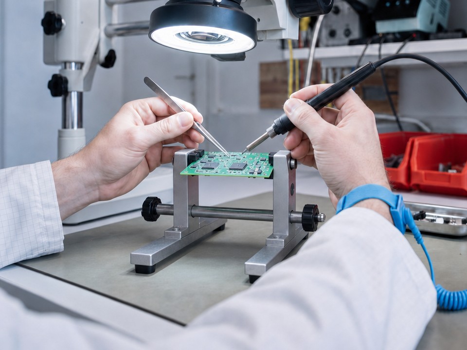 Electronics repair bench with a stereo microscope over a circuit board
