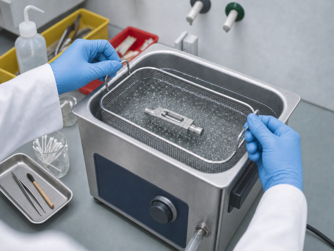 Stainless ultrasonic cleaning bath with a flow-meter body in its basket