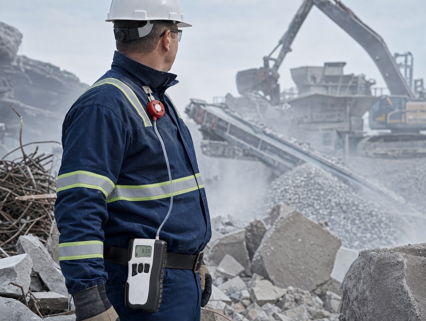Worker on a demolition site wearing an SKC Leland Legacy pump on the belt, with the sampler at the collar