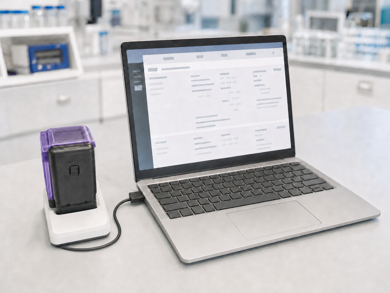 AirChek Touch pump in its cradle, connected to a laptop